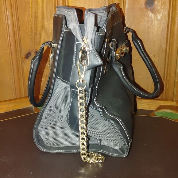 Pet Carrier Bag Purse Mesh Sides Quilted Base Black Gray Gold Chain Strap - Picture 4 of 9